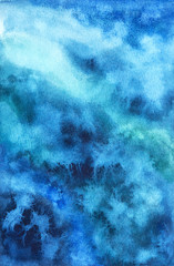 Fantasy blue clouds. Abstract hand painted watercolor texture.
