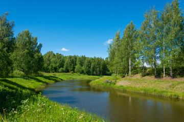 Fototapeta na wymiar A small water channel with green beaches and birch groves.