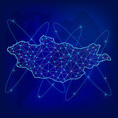 Global logistics network concept. Communications network map Mongolia on the world background. Map of Mongolia with nodes in polygonal style. Vector illustration EPS10. 
