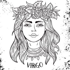 Beautiful line art filigree zodiac . Black sign on vintage background.Elegant jewelry tattoo.Engraved horoscope symbol.Doodle mystic drawing with calligraphy lettering.Virgo