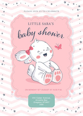 Vector baby shower design template. Cute hand drawn little bunny character. Flat lay. Pastel colors. For happy birthday and anniversary party invitations, greeting cards, tags etc.