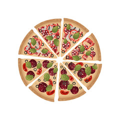 Pieces of two kinds of pizza are folded in a whole circle. Vector illustration on white background.