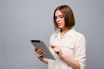 Close up side profile photo beautiful attractive she her business lady chief e-reader hands arms...