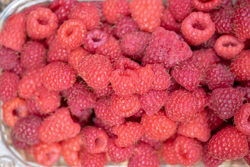 Fresh picked up red raspberries in box