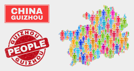 Demographic Guizhou Province map abstraction. People bright mosaic Guizhou Province map of humans, and red round grunge seal. Vector composition for nation group report.