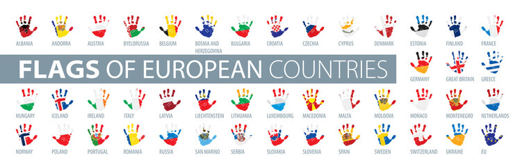 Hand and national flag. Vector illustration of a set of European flags