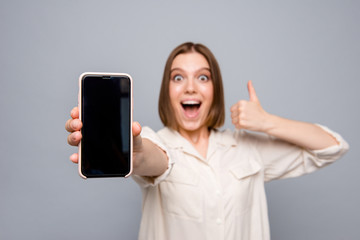 Close up photo crazy beautiful she her lady hands arms telephone raise thumb up yell scream shout...