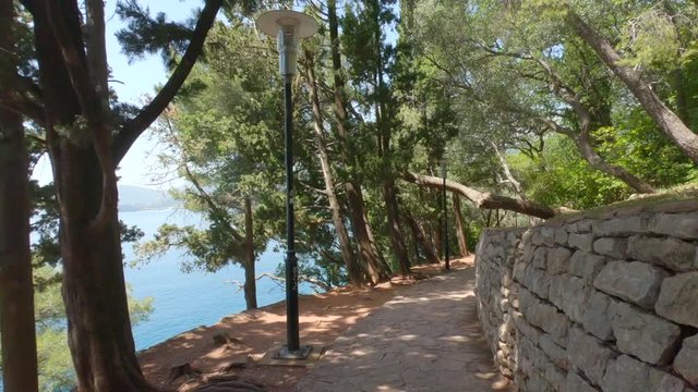View in the Adriatic sea from Milocer Park. Coast Budva Riviera.