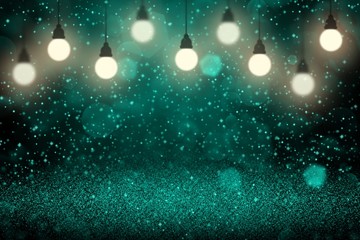 Fototapeta na wymiar light blue cute sparkling glitter lights defocused light bulbs bokeh abstract background with sparks fly, festal mockup texture with blank space for your content
