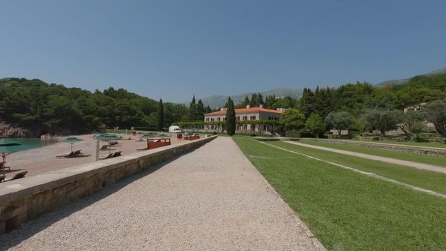 View in the Adriatic sea from Milocer Park. Coast Budva Riviera.