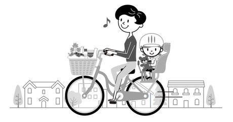 Obraz premium ママチャリ 買い物 モノクロ