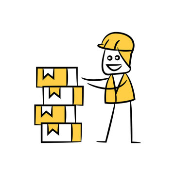 engineer or operator picking box, doodle stick figure design