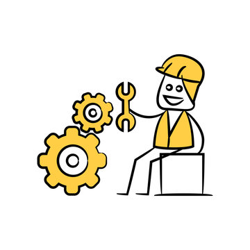 engineer holding wrench fixing gears, doodle stick figure design