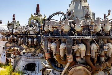 The ruins of several retired aircraft engines and parts 