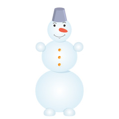 The smiling snowman with bucket on its head is isolated on white background.