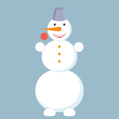 The crazy snowman with the bucket on its head and with red Christmas ball on his nose is on blue background.