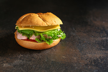 burger with sausages, cheese, lettuce, tomato sauce (snack sandwich, kaiser bun). top food background. copy space