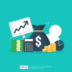 Finance performance of return on investment ROI concept with arrow. income salary rate increase. business profit growth margin revenue. cost sale icon. dollar symbol flat style vector illustration