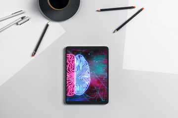 Digital tablet closeup with brain drawing on screen. Data technology concept. 3d rendering.