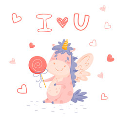 Illustration with cute cartoon unicorn with had draw lettering