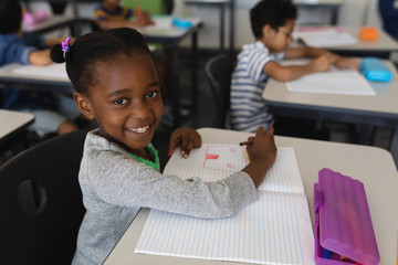 Schoolgirl looking at camera while studying in classroom