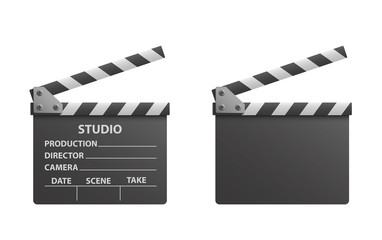 Vector realistic of black open clapperboard or clapper - stock vector. - obrazy, fototapety, plakaty