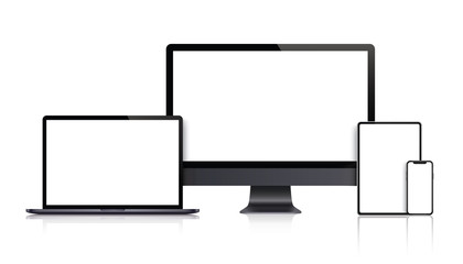 Realistic set of Monitor, laptop, tablet, smartphone dark grey color - Stock Vector.