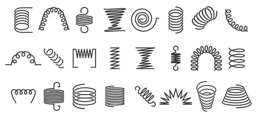 Spiral spring. Flexible coils, wire springs and metal coil spirals silhouette. Vape metallic flexible coils, flexibility steel motor spiral doodle. Isolated vector icons set - obrazy, fototapety, plakaty