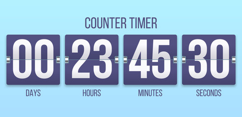 Obraz premium Flip clock timer. Countdown counter days, counting hours and minutes numbers. Flipclock date timers, analog alarm mechanism or classic clock timetable display retro vector illustration