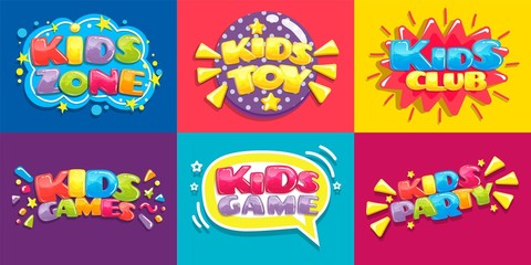 Fototapeta na wymiar Kids club posters. Toys fun playing zone, children games party and play area poster. Kid entertainment camp poster, preschool baby education room clubs banner vector illustration set