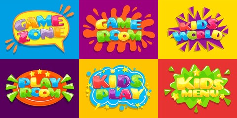 Game room posters. Fun kids playroom, games playing zone for young kid and kids menu. Hobby play room, game advertisement zone or toy party playground vector illustration background set