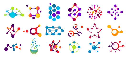 Connected molecules. Molecule connection model, chemistry particle and color molecular structure. Biology connecting logos, dna connect diagram, molecules interaction. Isolated symbols flat vector set - obrazy, fototapety, plakaty