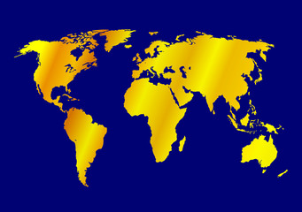 Vector Golden World Map Illustration on Bright Blue Background, Colorful Banner Template.