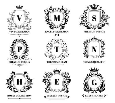 Royal shields badges. Vintage ornament luxury logo frame, retro ornamental shield sign and decorative ornaments badge. Arms crest coat emblem, antique knights heraldry. Isolated symbols vector set