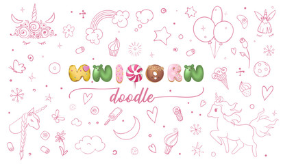 Set of cute doodle sketches for kids unicorn party. Hand drawn vector retro style illustration.