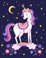 Unicorn is standing on a rainbow on the background of the night sky. © svaga