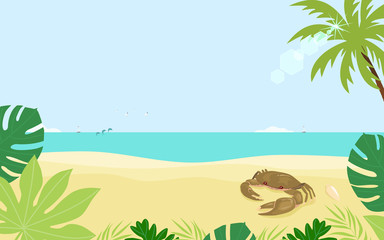 Fototapeta na wymiar A crab with summer sunny day on the beach. Summer vacation and holiday on the tropical beach concept. Flat vector illustration in cartoon style.