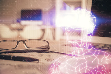 AR drawing with glasses on the table background. Concept of augmented reality. Double exposure.