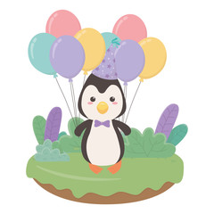 Penguin cartoon with happy birthday icon design