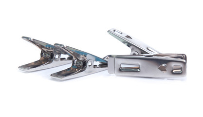 Peg steel, metal clothespin isolated on white background