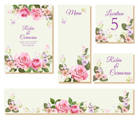 Set wedding invitation cards, layout menu, rsvp, label, save the date mock up. Templates with pink roses flowers, spring blossom. Illustration in watercolor vintage style, frames for design, vector