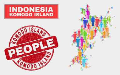 Demographic Komodo Island map illustration. People color mosaic Komodo Island map of humans, and red round dirty watermark. Vector composition for population community presentation.