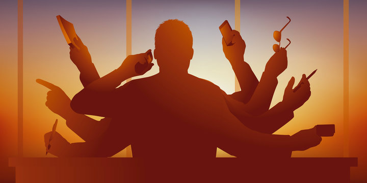 Concept de l&rsquo;homme d&rsquo;affaires efficace, avec un personnage hyperactif &agrave; plusieurs bras, qui tient plusieurs objets de bureau pour symboliser le surmenage.