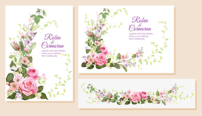Set wedding invitation cards. Horizontal, vertical, panoramic templates with pink roses flowers, spring blossom. Illustration in watercolor vintage style, frames for design, vector - obrazy, fototapety, plakaty