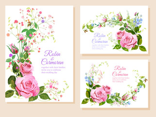 Fototapeta na wymiar Set wedding invitation cards. Horizontal, vertical templates with pink roses, forget-me-nots, gypsophile flowers, asparagus twigs on white background. Illustration in watercolor style, vector frames