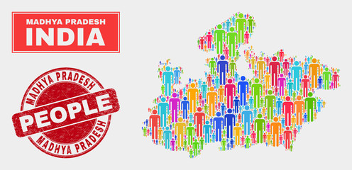Demographic Madhya Pradesh State map illustration. People bright mosaic Madhya Pradesh State map of guys, and red rounded corroded seal. Vector composition for national public presentation.