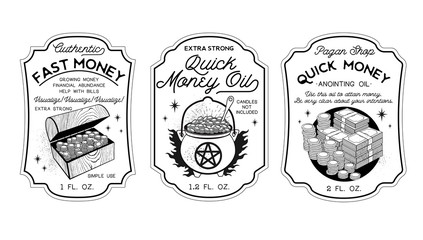 Money Oil Bottle Labels Potion Labels. Vector Illustration.