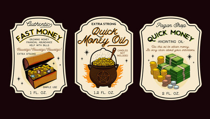 Money Oil Bottle Labels Potion Labels. Vector Illustration.
