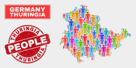 Demographic Thuringia Land map illustration. People colorful mosaic Thuringia Land map of humans, and red round dirty watermark. Vector collage for population audience representation.