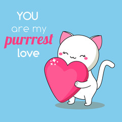 Cartoon kawaii cat with heart. Cute kitten character with typography you are my purest love. illustration for valentine s day and romantic cards.